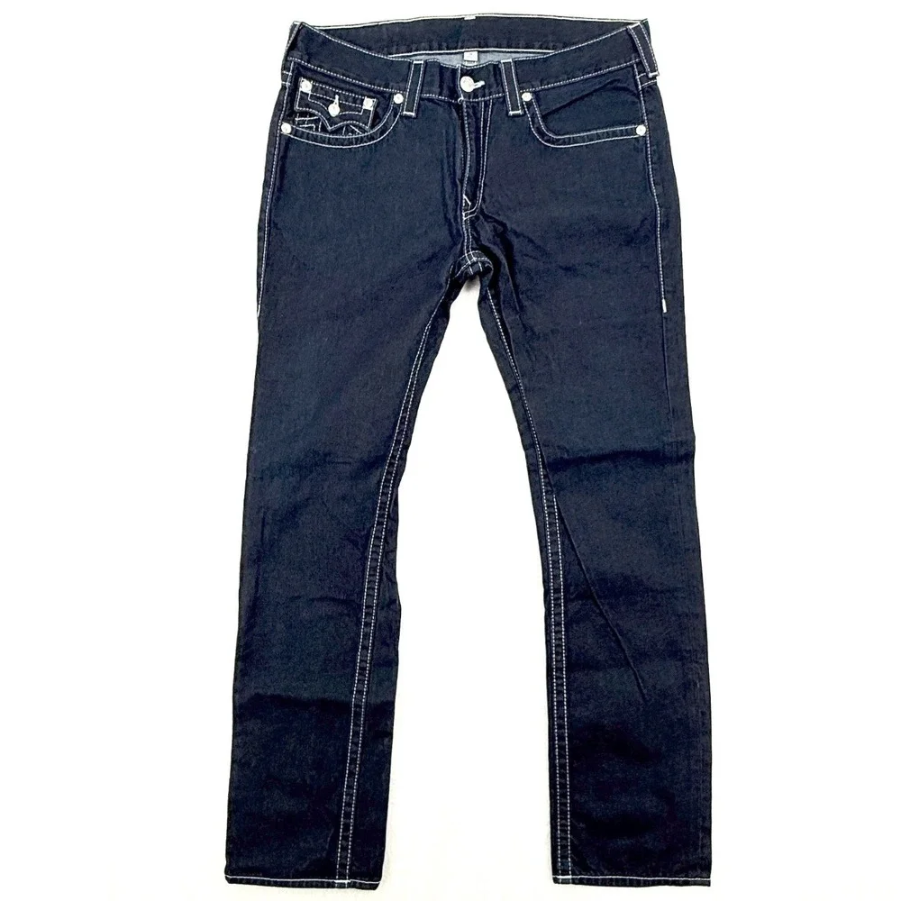 True Religion Mens Jeans 36 NWOT Y2K Skinny Flaps Dark Wash Blue Contrast Stitch
